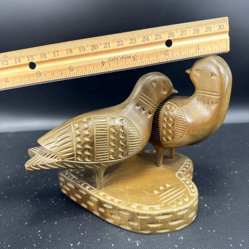 Hand Carved Wooden Love Birds Figurine Heart Base Folk Art Sculpture Brown VTG - Picture 3 of 13